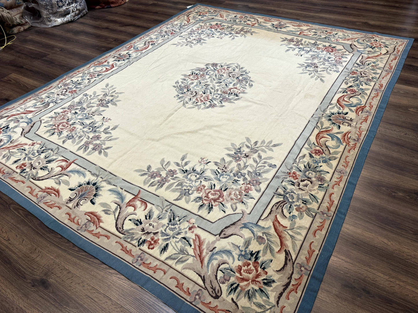 Ivory Needlepoint Rug 8x10, Wool Handmade Carpet