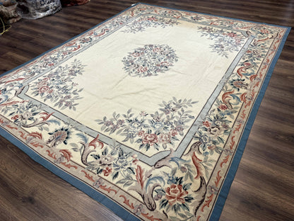 Ivory Needlepoint Rug 8x10, Wool Handmade Carpet