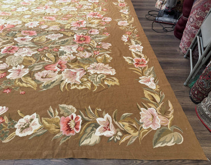 Large Needlepoint Rug 11x14, Vintage Floral Wool Carpet, Caramel