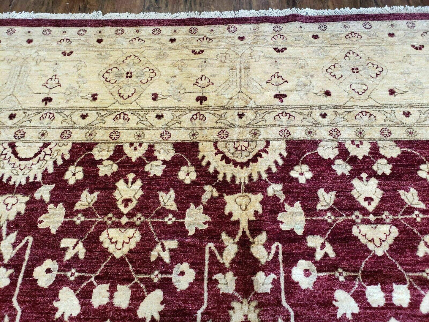 Pakistani Peshawar Rug 10x14, Handmade Chobi Carpet, Maroon & Beige