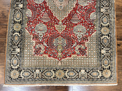 Persian Silk Rug 5x7 Hand Knotted Vintage Qum Carpet With Birds Floral Vases Red
