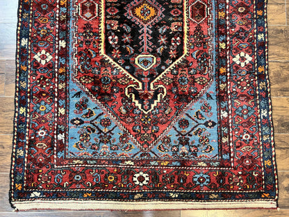Antique Persian Tribal Rug 4x7, Wool Handmade 1920s Carpet, Red Blue, Persian Hamadan Rug