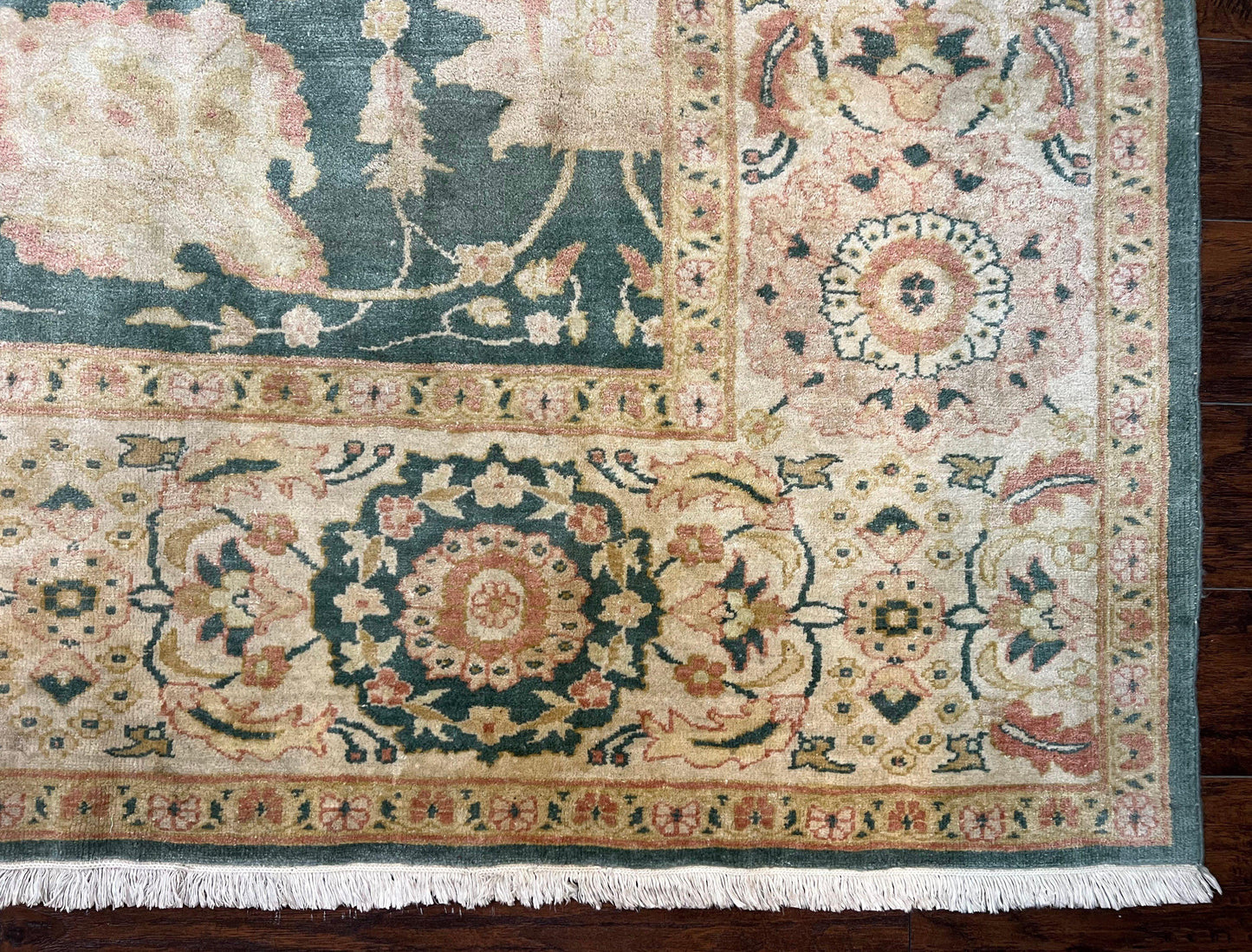 Egyptian Mahal Rug 10x14, Large Vintage Floral Hand Knotted Wool Carpet 10 x 14, Dark Green and Beige Traditional Handmade Persian Area Rug