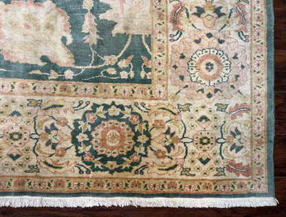 Egyptian Mahal Rug 10x14, Large Vintage Floral Hand Knotted Wool Carpet 10 x 14, Dark Green and Beige Traditional Handmade Persian Area Rug