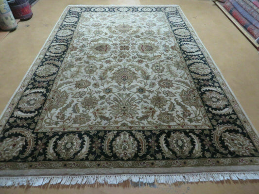 Vintage Handmade Rug Jaipur India Floral Oriental Design Tea Wash 6x9 Feet Hand Tufted