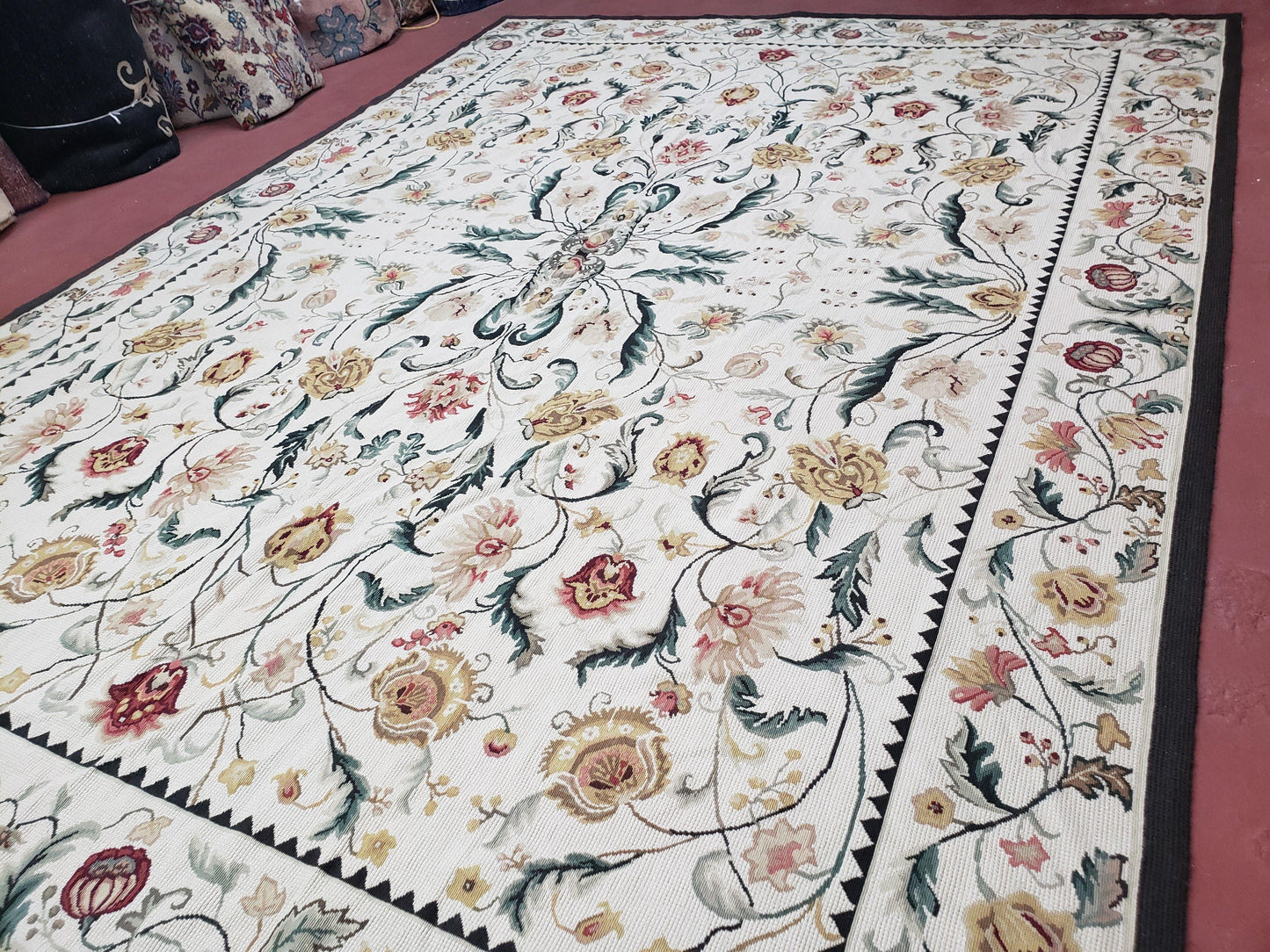 New Needlepoint Rug 9x12, Hand Woven Wool Area Rug, Flatweave Carpet, Handmade Chinese Needlepoint, Floral European Design, Ivory Background