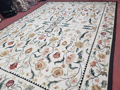 New Needlepoint Rug 9x12, Hand Woven Wool Area Rug, Flatweave Carpet, Handmade Chinese Needlepoint, Floral European Design, Ivory Background