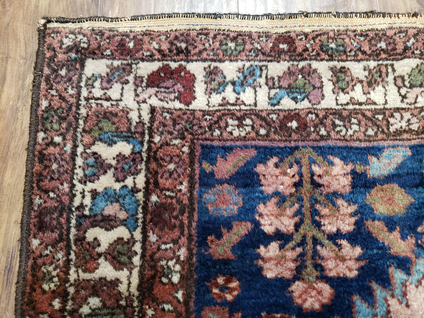 Blue Vintage Persian Hamadan Rug Hand Knotted Wool 4x6 Ft 1950s