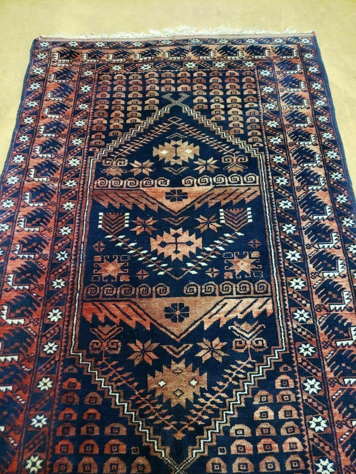 Vintage Balouchi Wool Rug Handmade In Pakistan 3 Foot 4 Inch By 5 Foot 6 Inch