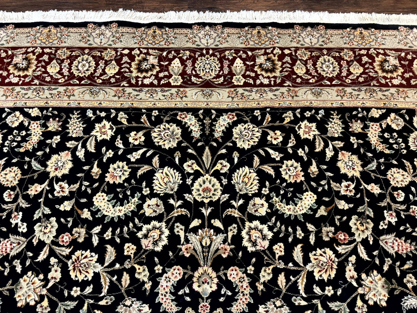 Sino Persian Rug 9x12 Hand Knotted Wool Silk Highlights Allover Floral Black And Dark Red