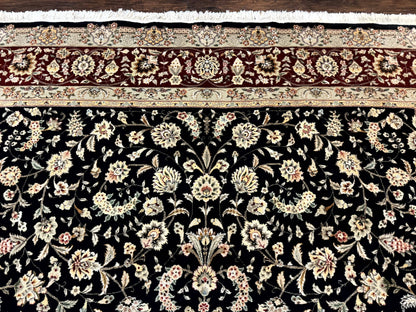 Sino Persian Rug 9x12 Hand Knotted Wool Silk Highlights Allover Floral Black And Dark Red