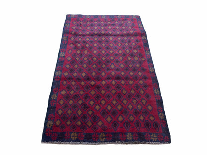 Vintage Handmade Balouch Afghan Wool Rug 3x5 Hand Knotted Red Blue Diamond
