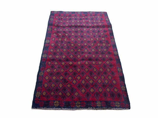 Vintage Handmade Balouch Afghan Wool Rug 3x5 Hand Knotted Red Blue Diamond