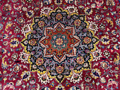 Red Persian Mashad Rug 10x13 - Floral Medallion Signed By Masterweaver