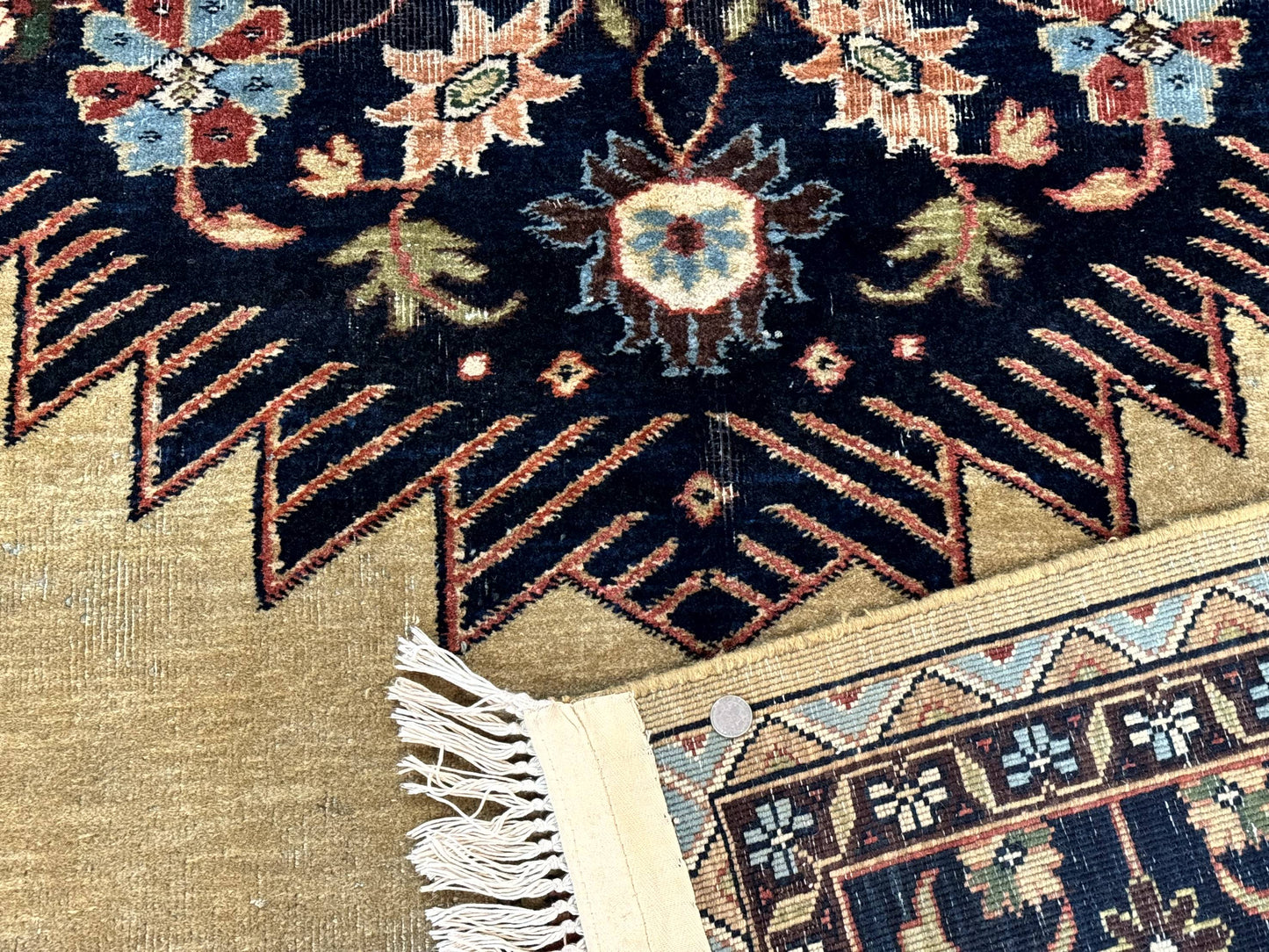 Indo Persian Heriz Rug 8x12 Hand Knotted Wool Decorative Vintage Area Rug Camel Hair Tan And Navy Blue