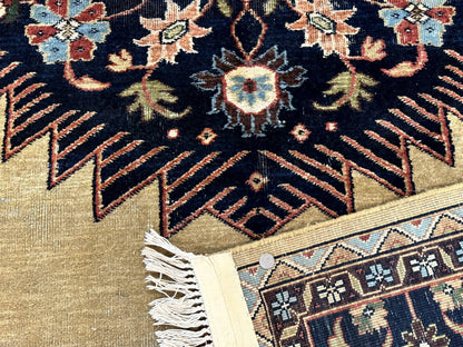 Indo Persian Heriz Rug 8x12 Hand Knotted Wool Decorative Vintage Area Rug Camel Hair Tan And Navy Blue