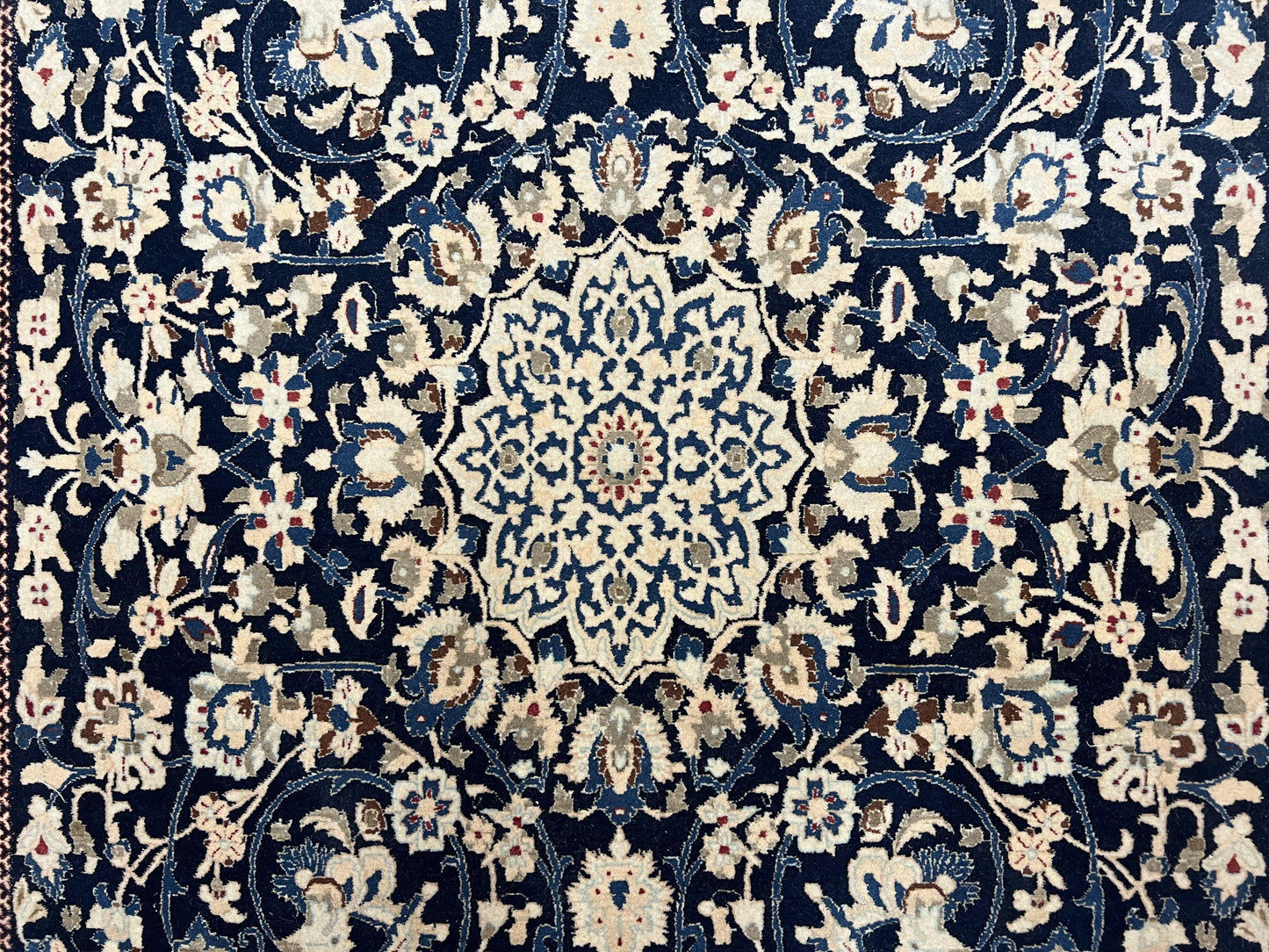 Persian Nain Rug Hand Knotted Wool and Silk Accents With Floral Medallion Navy Blue Ivory Cream