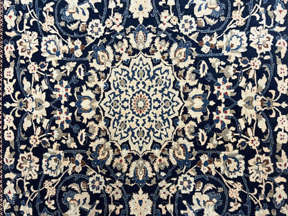 Persian Nain Rug Hand Knotted Wool and Silk Accents With Floral Medallion Navy Blue Ivory Cream