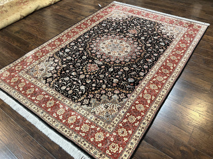 Marvelous Persian Tabriz Rug 7x10 ft, Super Fine 50 Raj, 300+ KPSI, Black and Rust Red, Floral Medallion Handmade Wool Oriental Carpet, Top Quality