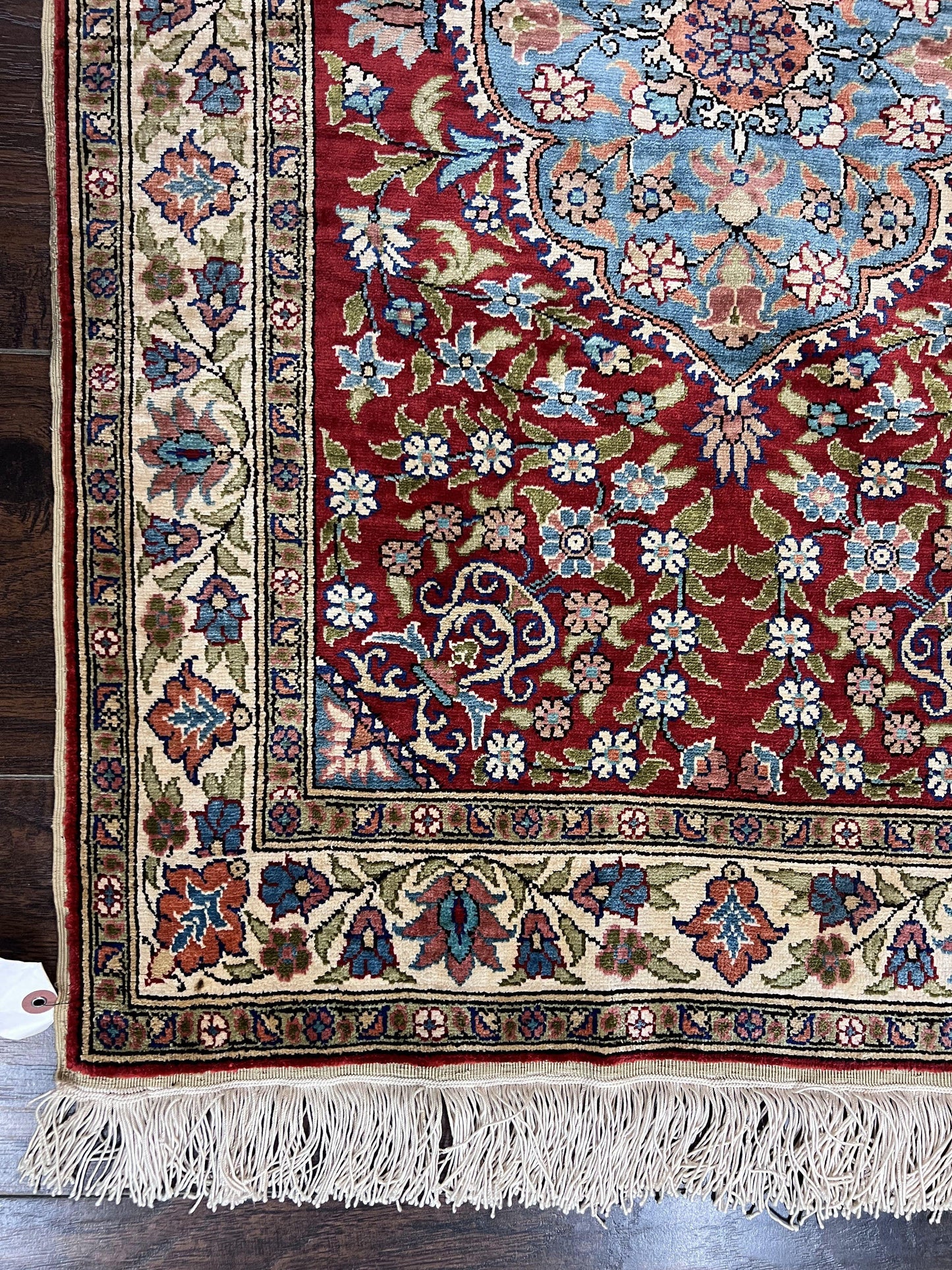 Silk Turkish Kayseri Rug 2x3, Small All Silk Turkish Carpet, Red and Light Blue, Very Fine Hand Knotted Semi Antique Vintage Handmade Rug