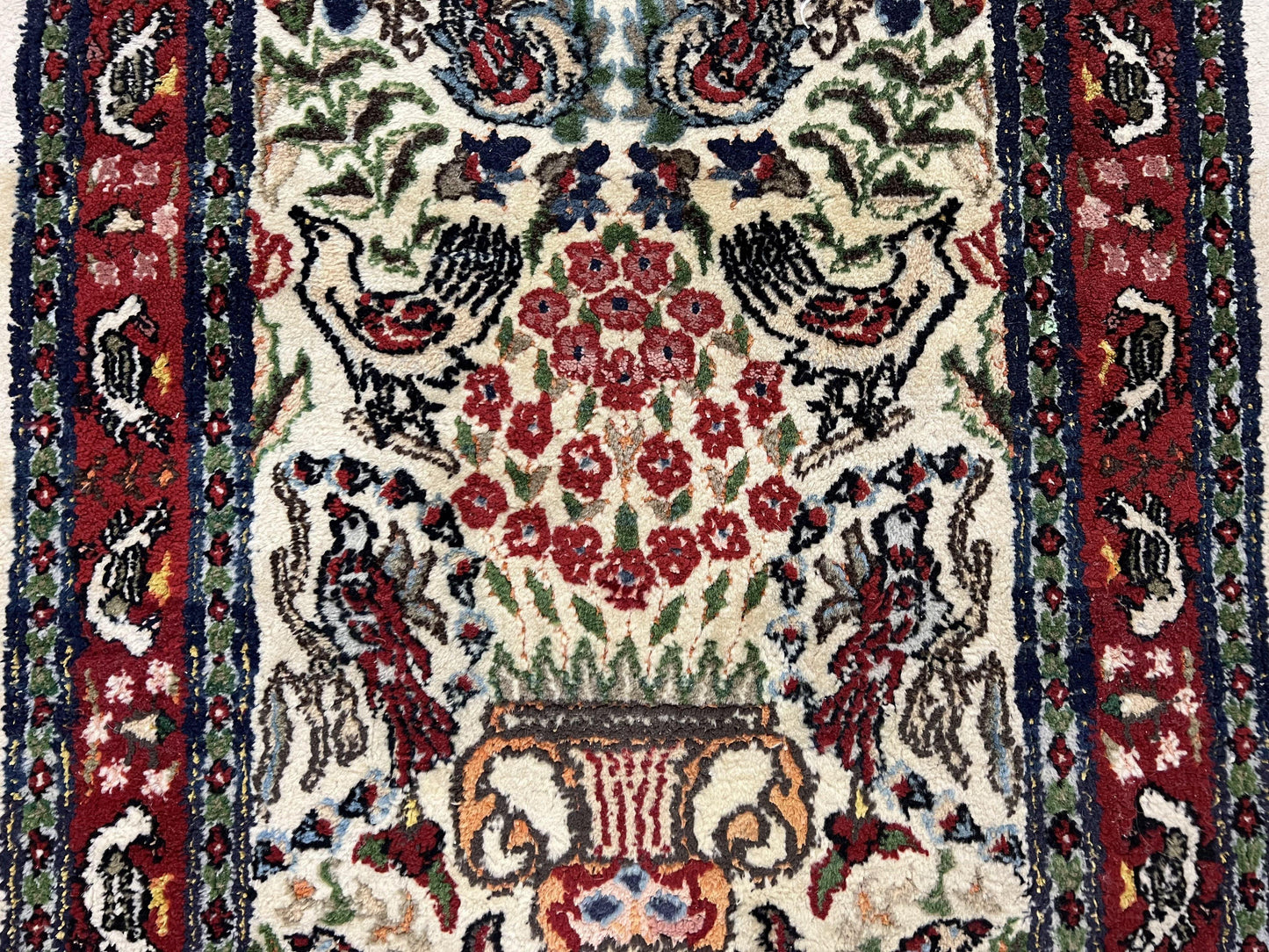 Small Indo Persian Rug 2x3 ft, Wool with Silk Highlights, Animal Pictorial Motifs Birds Vase Flowers, Cream and Maroon, Hand Knotted Fine