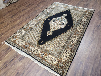 Persian Silk Qum Rug Hand Knotted Silk On Silk Luxury Vintage Area Rug Black Gold Beige 3 Ft 6 In By 5 Ft 5 In
