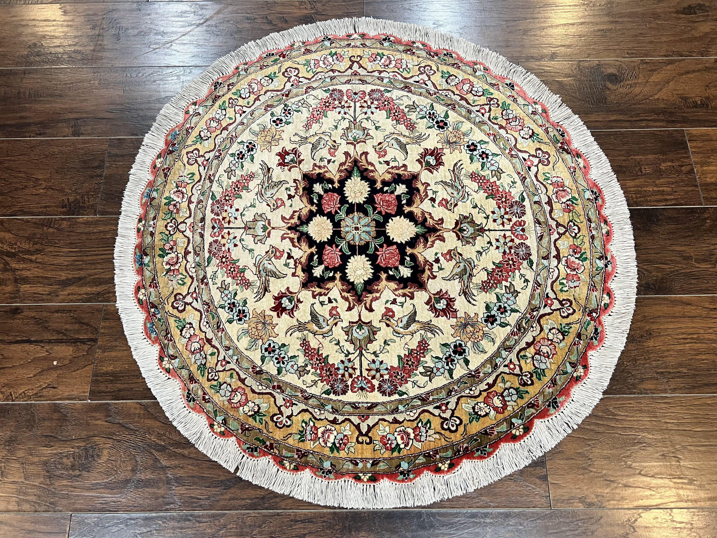 Silk Persian Tabriz Round Rug 3x3 Ft Hand Knotted Carpet Cream Gold Floral Birds