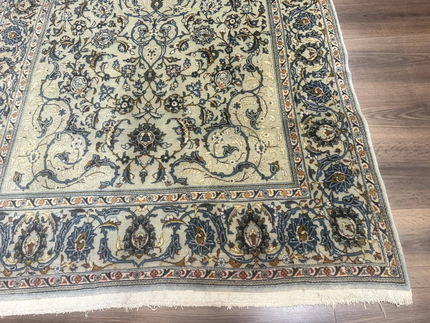 Persian Kashan Rug Vintage 225 KPSI Light Green And Light Blue Floral Medallionless Design