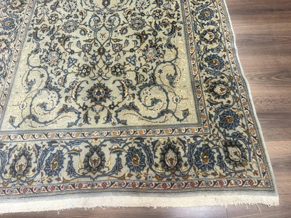 Persian Kashan Rug Vintage 225 KPSI Light Green And Light Blue Floral Medallionless Design