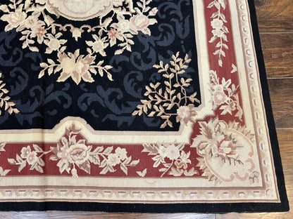 Needlepoint Rug 5x8 Wool Handmade Vintage European Aubusson Flatweave Rug Black and Maroon