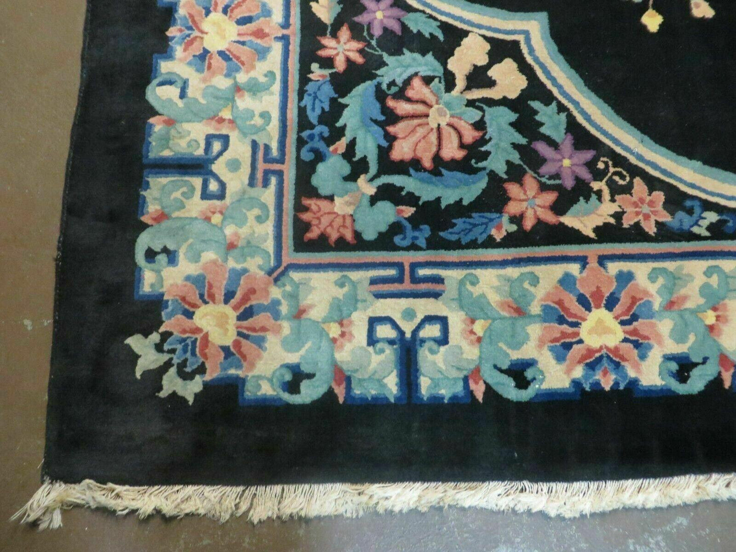 Art Deco Wool Rug Vintage Hand Knotted 8x10 Center Flower Black