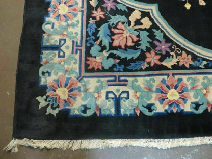 Art Deco Wool Rug Vintage Hand Knotted 8x10 Center Flower Black