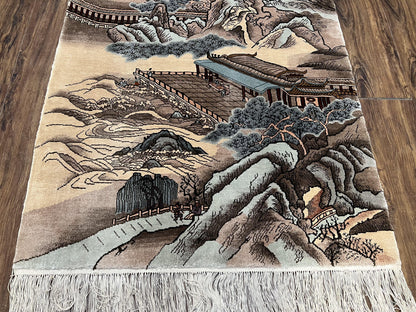 Silk Chinese Wall Hanging Rug 3x6 ft Tapestry, Pagoda Scene, Pictorial, High Quality Fine Hand Knotted Vintage, Asian Oriental Handmade Nice