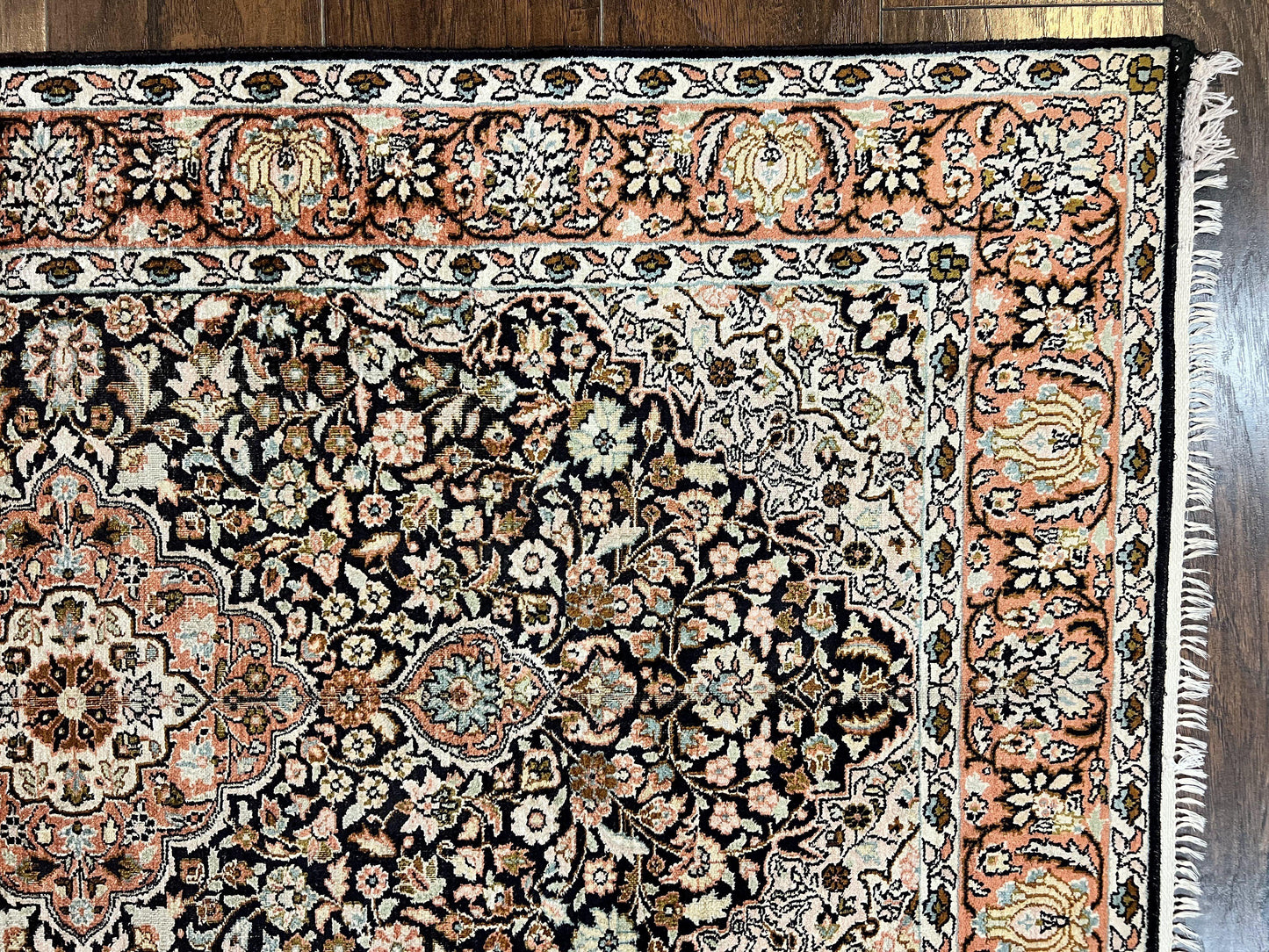 Kashmiri Silk Rug 3x5 Navy Blue Handmade Floral Medallion Indo Persian Silk