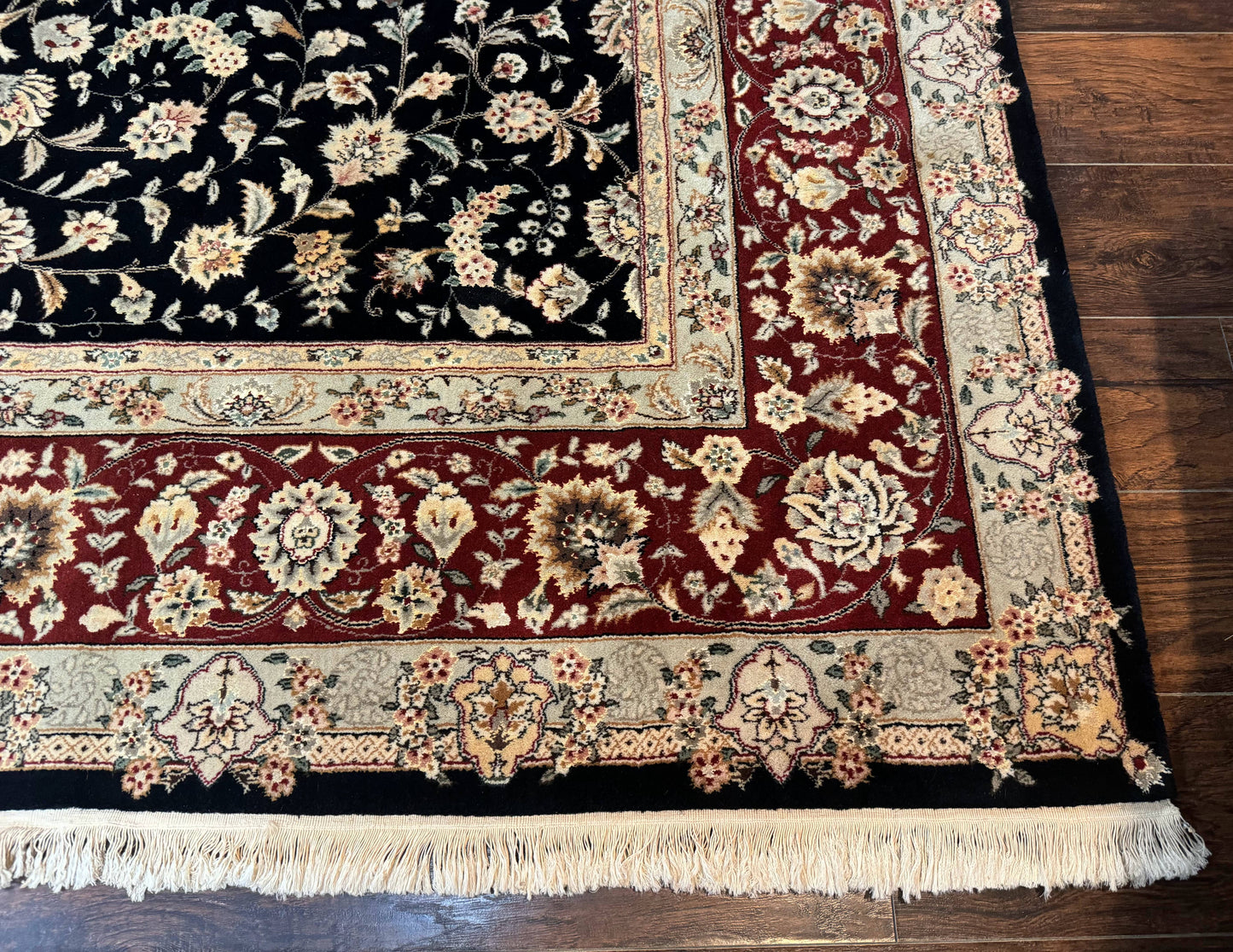 Sino Persian Rug 9x12 Hand Knotted Wool Silk Highlights Allover Floral Black And Dark Red