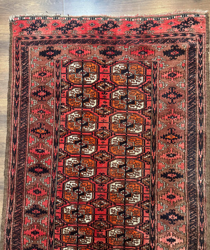 Antique Turkoman Rug 3.7 x 6.7, Red, Wool Runner Rug