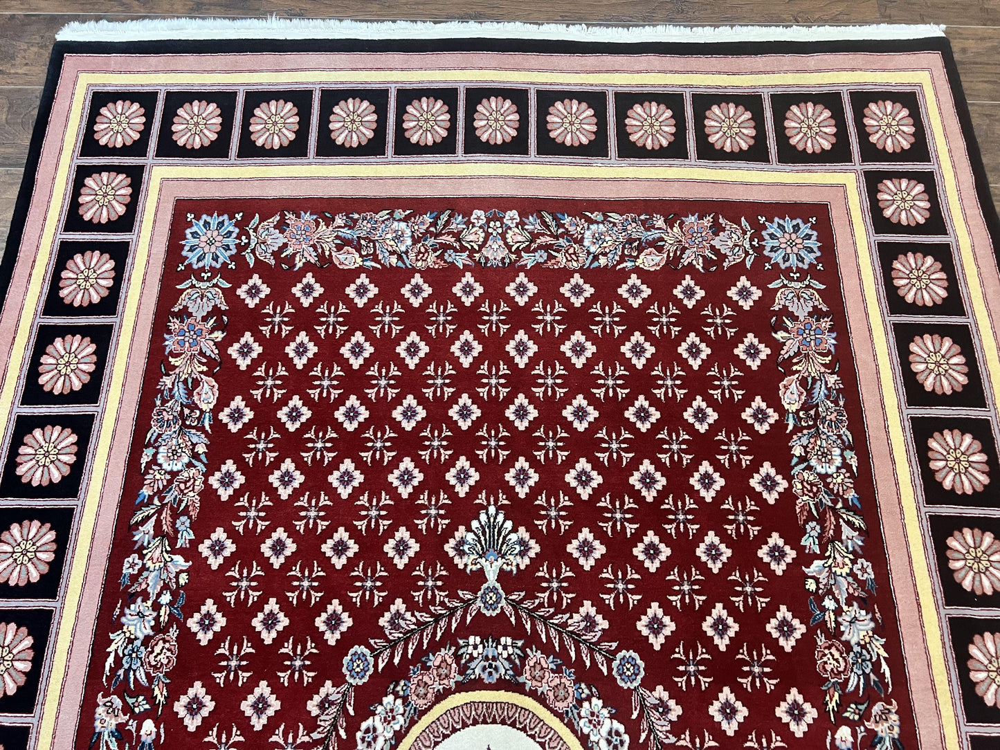 Pakistani Rug 6x9, European Aubusson Design, Wool Handmade Vintage Carpet, Dark Red, 6 x 9 Medium Sized Rug