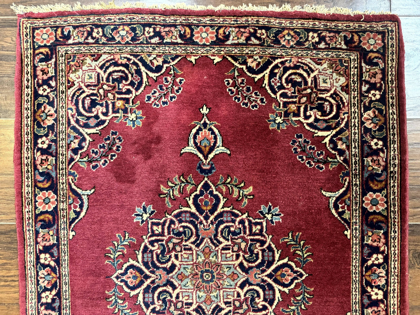 Persian Kashan Rug 2x3 Handmade Vintage Wool Semi Antique Red Navy Open Field