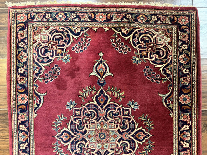 Persian Kashan Rug 2x3 Handmade Vintage Wool Semi Antique Red Navy Open Field