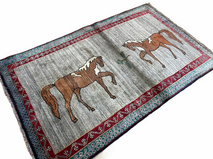 Handmade Wool Rug 4x6 Vintage Zagros Horses Pictorial Area Rug