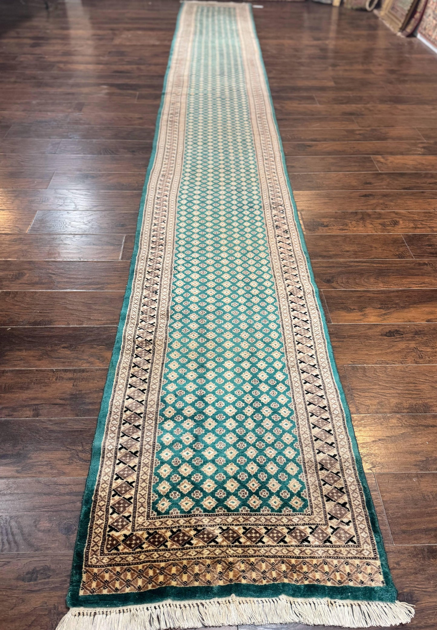 Long Pakistani Runner Rug 2.8 x 20, Hand Knotted Vintage Wool Hallway Rug, Turkoman Rug, Teal and Tan, Handmade Vintage Wool Runner