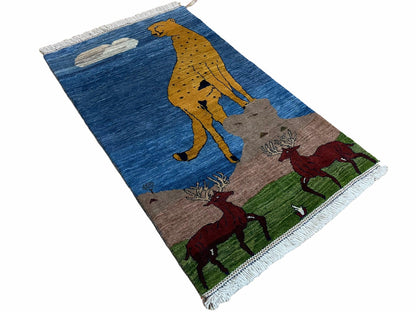 Handmade Wool Rug Lion Scene Vintage Blue 3x5 Hand Knotted
