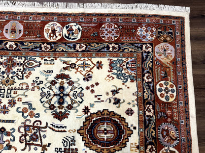 Indo Chinese Wool Rug 9x12 Ivory And Rust Red Dragon Motifs Hand Knotted