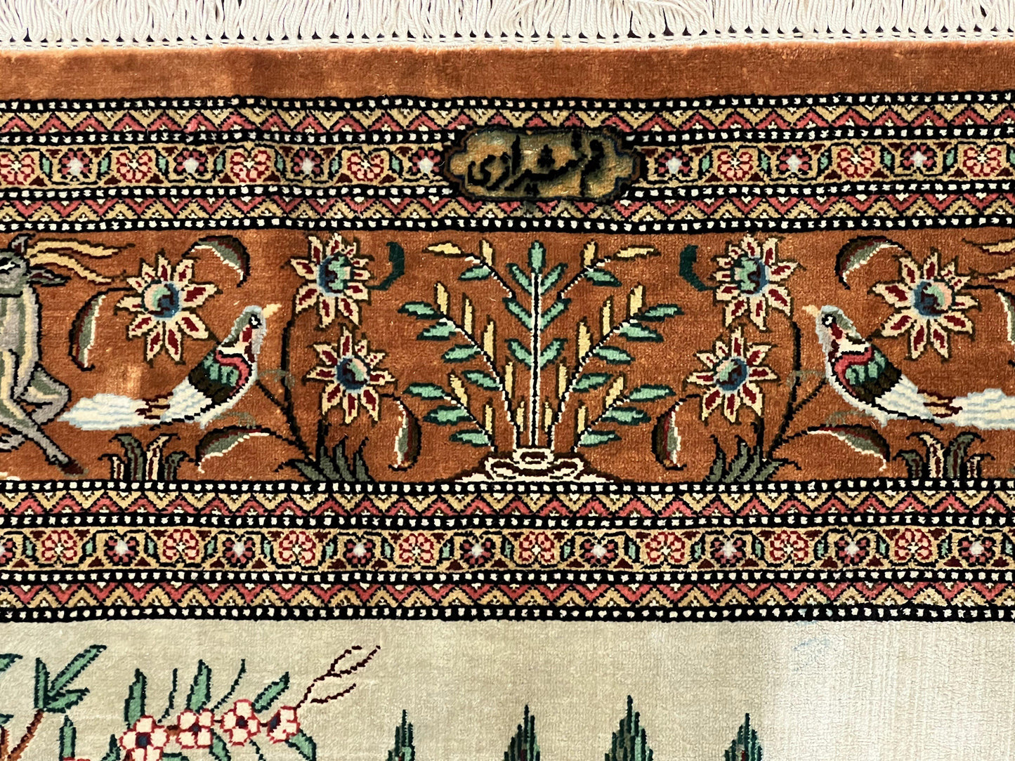 Silk Persian Qum Rug 3x5 Hunting Pattern Handmade Vintage Carpet Signed By Master Weaver