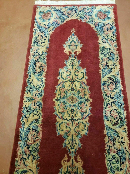 Persian Kirman Rug Hand Knotted Wool 2x4 Vintage Floral Medallion Red Beige