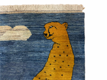 Handmade Wool Rug Lion Scene Vintage Blue 3x5 Hand Knotted