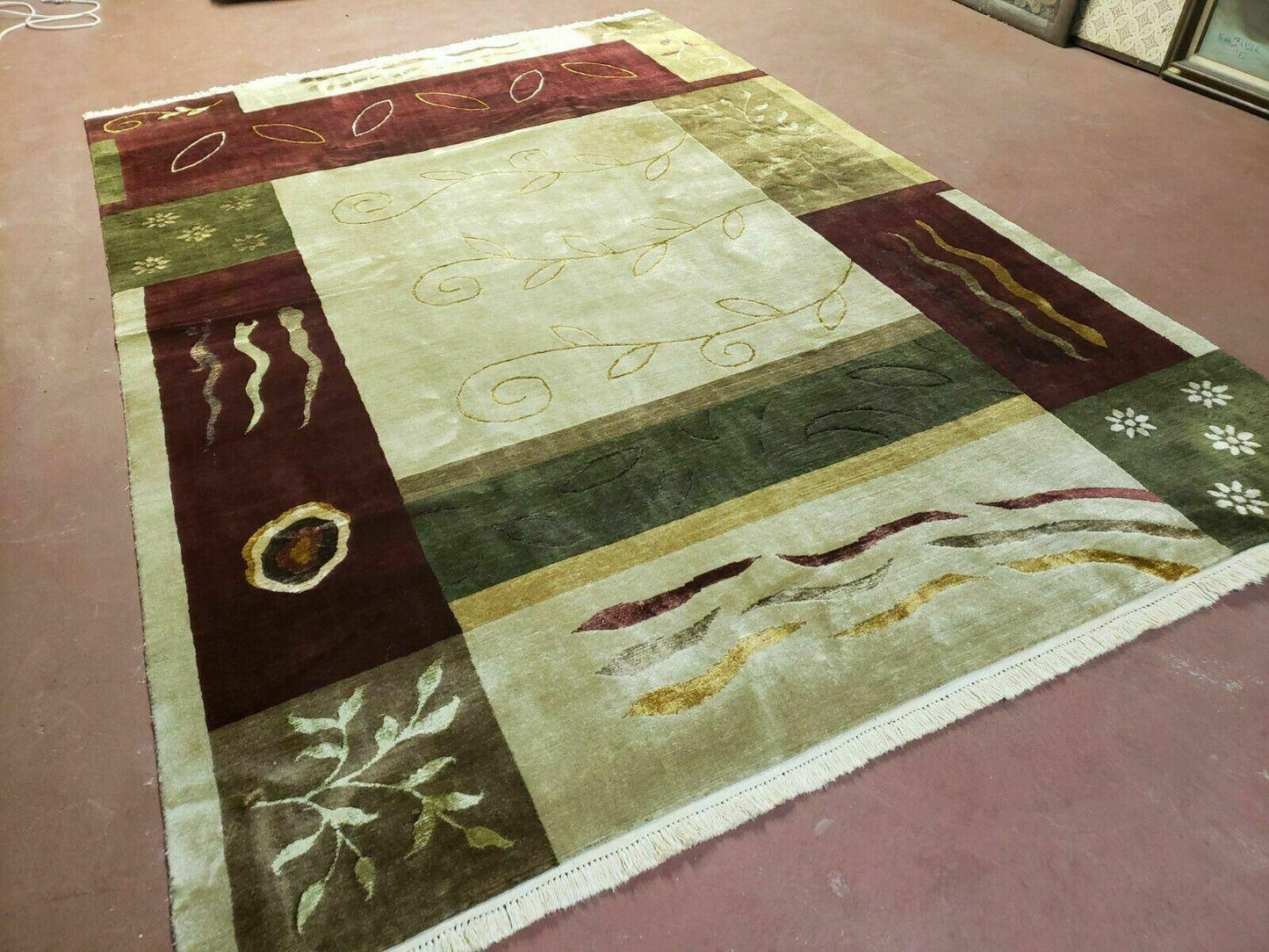 Tibetan Nepal Wool And Silk Rug 6x9 Modern Handmade Decorative Abstract Gold