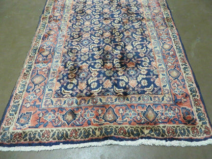 Antique Indian Floral Wool Runner Rug Handmade Oriental Blue 3ft7in X 10ft