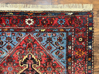 Antique Persian Tribal Rug 4x7, Wool Handmade 1920s Carpet, Red Blue, Persian Hamadan Rug