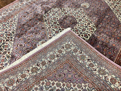 Indo Persian Bidjar Rug 8x10, Purple and Ivory Hand Knotted Wool Vintage Oriental Carpet, Herati Mahi Pattern, 8 x 10 Traditional Fine Rug